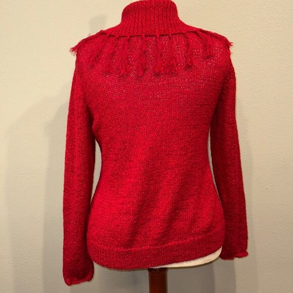 Chico's sweater red open front loose weave fringed collar cardigan  Sz 1 US Med - Picture 5 of 8